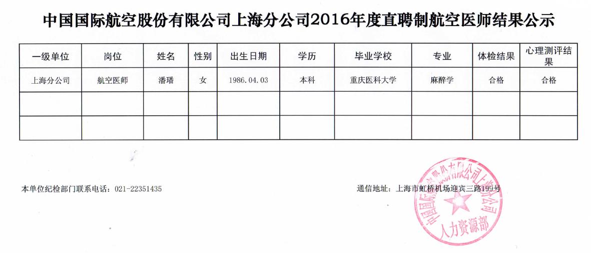 国航股份上海分公司2016年度航空医师招聘结果公示
